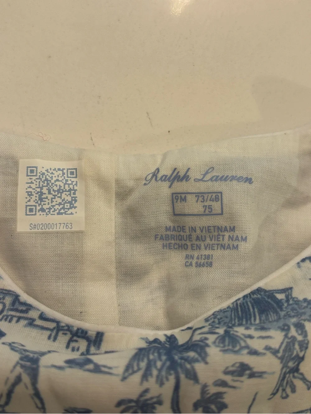 Ralph Lauren Blue and White Toile-Print Baby Sun Romper with Hat